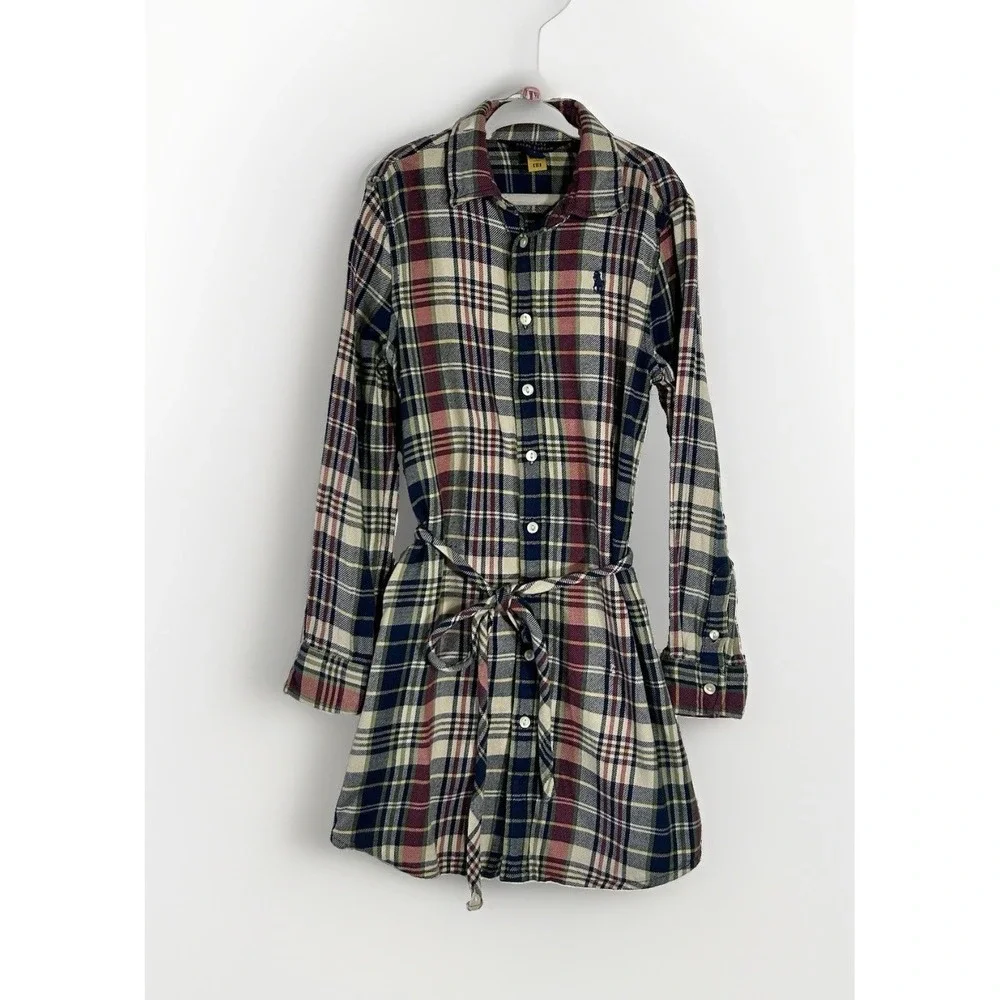 Polo Ralph Lauren Girls Shirt Dress Size 7 Madras Plaid Waist Tie Long Sleeves